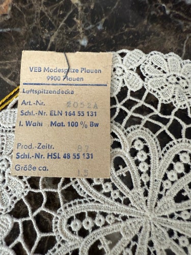 VEB Modespitz Plauen Luftspetsdukar, vintage