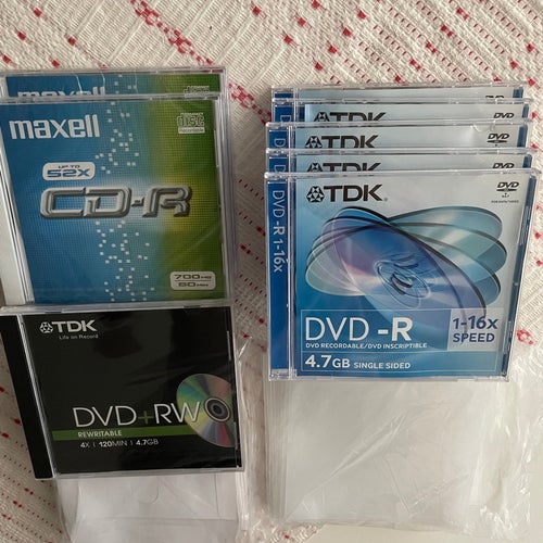 Maxell CD-R, TDK DVD-R och TDK DVD+RW med fodral