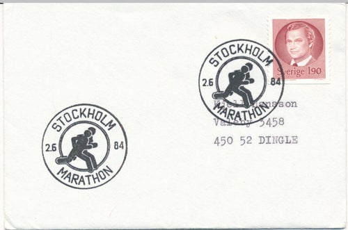 Försändelse med minnespoststämpel Stockholm Marathon 1984.