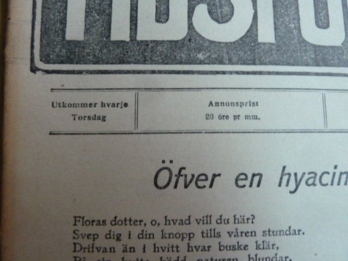 TIDSFÖRDRIF, 1914, ÖFVER EN HYACINT I FEBRUARI, TIDNING