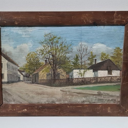 1925 Äldre oljemålning – europeisk stadsmiljö – signerad