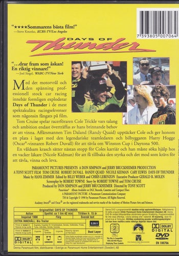 DVD / Days Of Thunder / Tom Cruise, Nicole Kidman, Robert Duvall / Nära nyskick