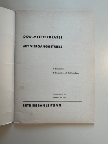 BRUKSANVISNING DKW-MEISTERKLASSE, AUTO UNION G.M.B.H, 1954