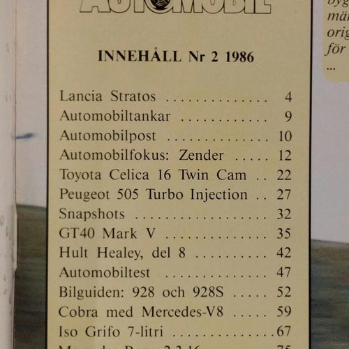 Automobil nr 2 1986: Toyota Celica, Peugeot 505 Turbo, Porsche 928, Cobra, ISO