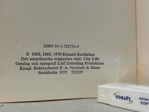 Storstadsliv av Donald Barthelme. Bok. Very good plus