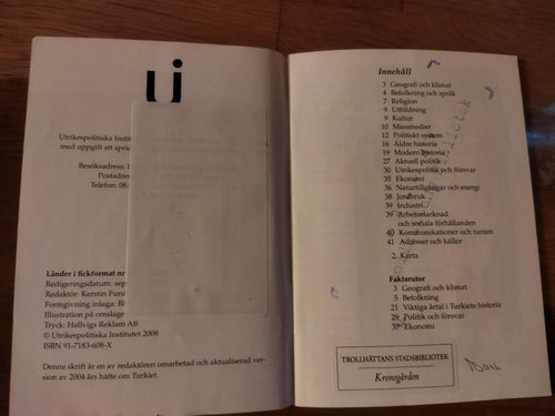 Länder i fickformat 405 Turkiet av Kerstin Furubrant. bok. Very Good plus. BM