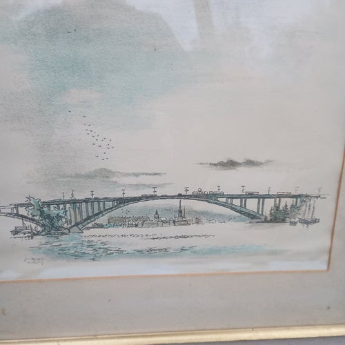 Stig Sasen - Västerbron - Stockholm - Teckning / Akvarell