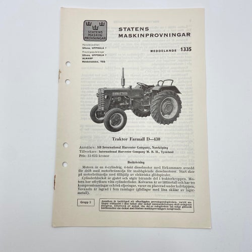 Traktor Farmall D-430 - Meddelande 1335 - Statens Maskinprovningar
