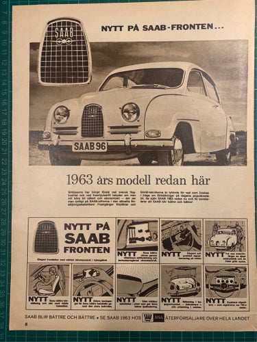 Retro-annons ”Nytt på Saab-fronten... 1963 års modell redan här” från 1962