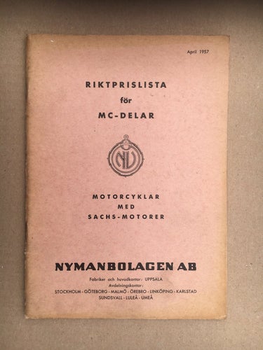 Riktprislista för MC-delar Motorcyklar med Sachs-motorer Nymanbolagen 1957