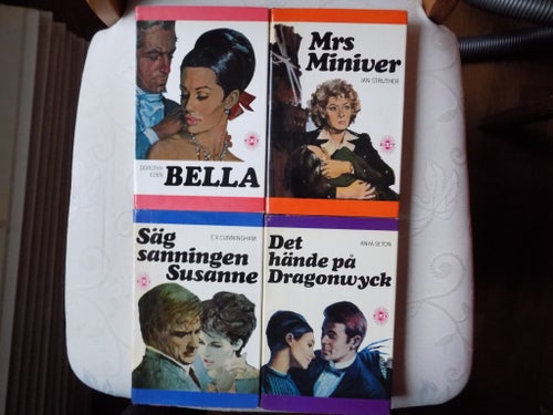 4 böcker: Bella, Mrs Miniver, Sök sanningen Susanne, Det hände på