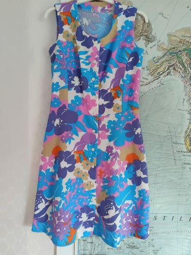 Vintage retro 50 60 70 tal klänning blå rosa 36 38 S M