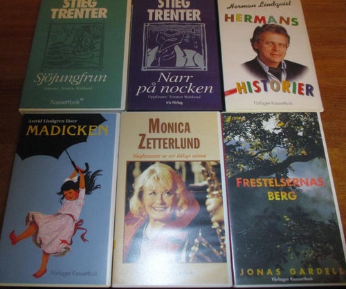 6  ljudböcker, kassett- böcker, Stieg Trenter, Monica Zetterlund, Jonas Gardell