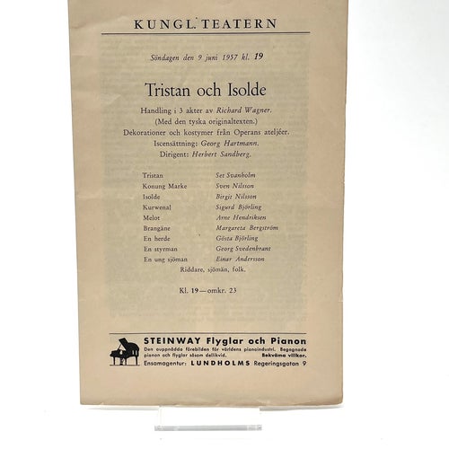 Programblad "Tristan och Isolde", Richard Wagner, Kungliga Teatern 1957