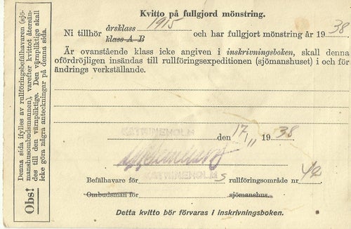 Kvitto på fullgjord mönstring, Katrineholm 1938