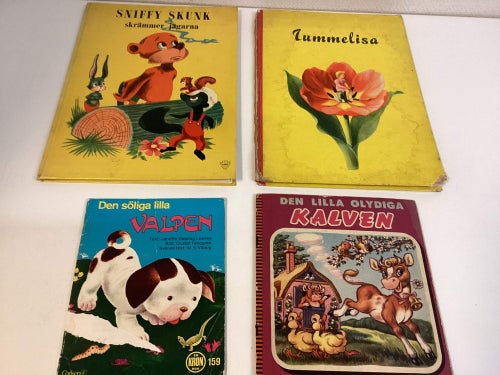 4 st äldre barnböcker – Sniffy Skunk, Tummelisa, Valpen & Den lilla olydiga kalv
