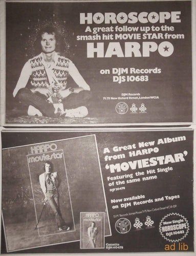 HARPO - HOROSCOPE, MOVIESTAR, 2 ST. TIDNINGSANNONSER 1975
