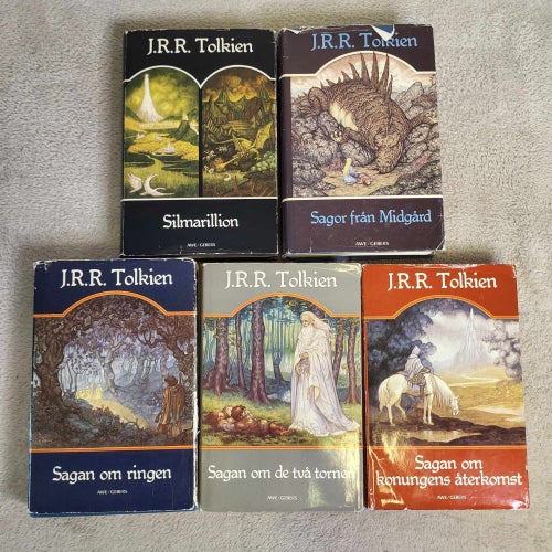 Sagan om Ringen Samling 5 Böcker av J.R.R. Tolkien Awe/Gebers Trilogin + 2 Extra