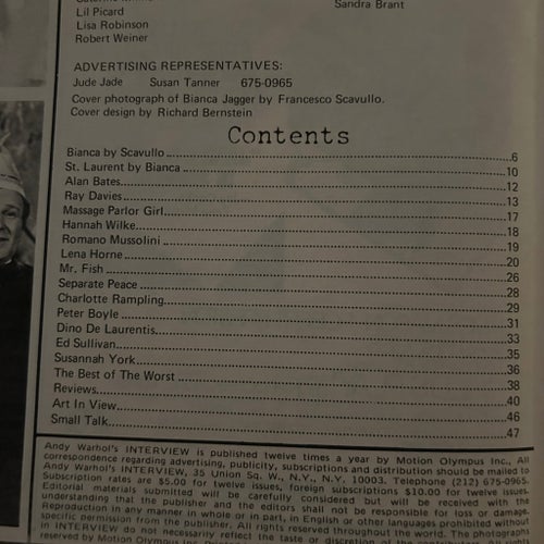 Andy Warhol's Interview, Januari 1973, Bianca Jagger, Yves Saint Laurent