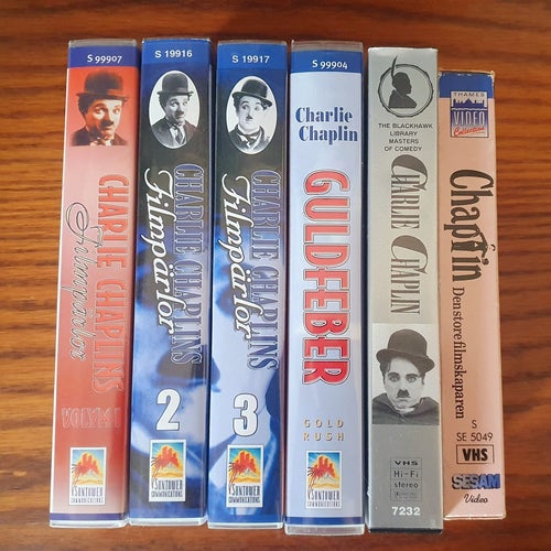 6x Charlie Chaplin på VHS - Guldfeber, Filmpärlor Volym 1, 2, 3, Den store