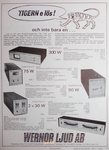 WERNOR LJUD AB - TIGER FÖRSTÄRKARBYGGSATSER, HI-FI TIDNINGSANNONS 1975