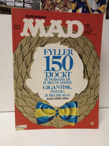 Svenska Mad 1977 nr 9 med Gigantisk, mallig jubelbilaga! Samlarblaska. VG+