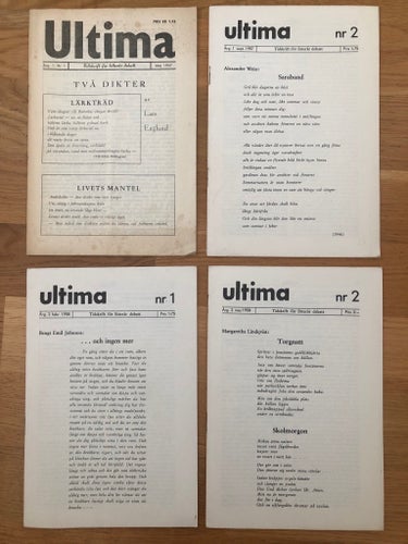 Ultima. Tidskrift för litterär debatt. Årg. 1:1+2. Årg. 2:1+2 1957-1958