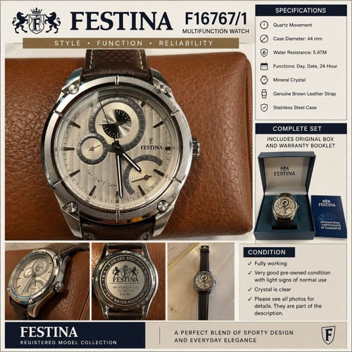 Festina F16767/1 Multifunktionsklocka med Brun Läderrem