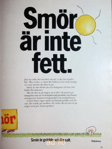 SMÖR, MEJERIERNA, REKLAMANNONS PRESSKLIPP 1985