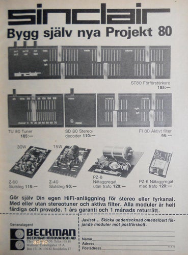 SINCLAIR PROJEKT 80 - BYGG SJÄLV, BECKMANN INNOVATION HI-FI, TIDNINGSANNONS 1975