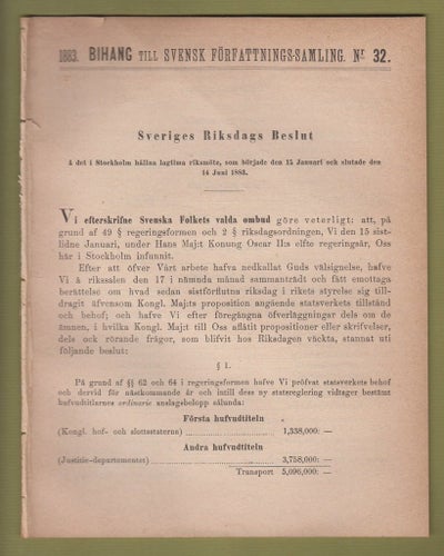 SFS 1883 Bihang 32. Sveriges Riksdags Beslut 1883.