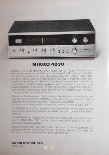 NIKKO 4030 RECEIVER - AUDIO STOCKHOLM, HI-FI TIDNINGSANNONS 1975