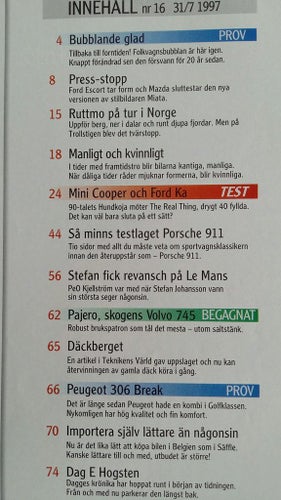 Teknikens Värld nr 16 1997: VW Typ 1, Mini Cooper, Ford Ka, Porsche 911, Pajero