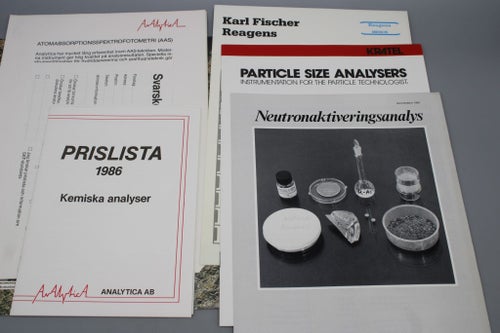 Analytica AB Produktkatalog , Prislista Kemiska analyser m.m 1986