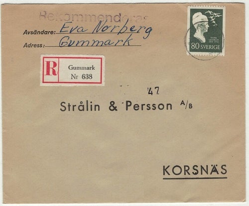 Gummark NSt 59b på REK-brev 1958
