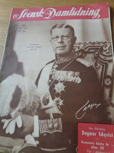 Svensk Damtidning nr46 1947 Kungligt omslag Gustaf Adolf, Dagmar Edqvist, mode