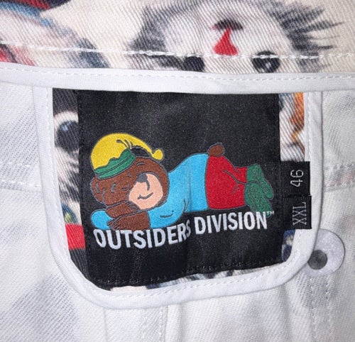 OUTSIDERS DIVISION flerfärgade jeans med katter i storlek XXL