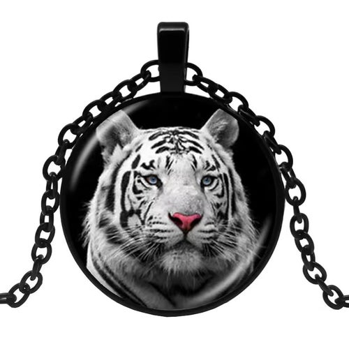 Halssmycke i glas med motiv [K15] - Vit Tiger [Svart]