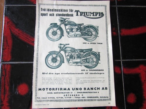 Triumph 1954 500 speed twin 650 Thunderbird reklam Annons