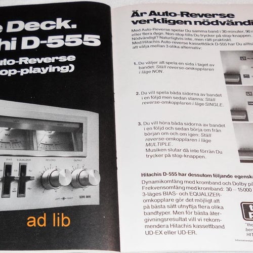 HITACHI - D-555 AUTO REVERSE KASSETTDÄCK, HI-FI STOR TIDNINGSANNONS 1978