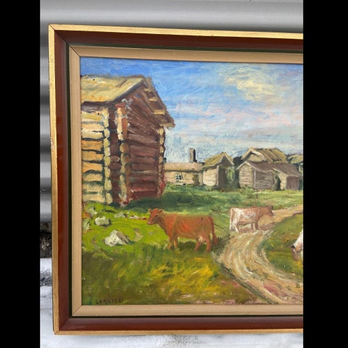 Franz Loqvist, ”Kor vid fäbodar” signerad oljemålning på duk ca:44,5x58 cm.