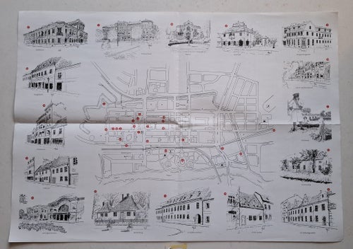 Gamla hus i Kristianstad med karta och text