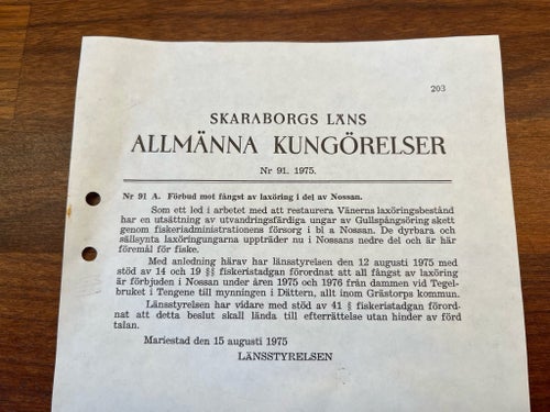Kungörelse laxöring Nossan. Gullspångsöring.