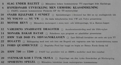 FART 1963/9 BMW 700 och1500, Bugatti. Halvsidor: VW 1500, Volvo Amazon sport