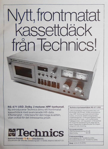 TECHNICS - RS-671 USD DOLBY FRONTMATAT KASSETTDÄCK, HI-FI TIDNINGSANNONS 1976