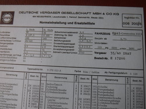 Förgasarspecifikationer/reservdelslista Opel Commodore B 2500S, 5.1975-