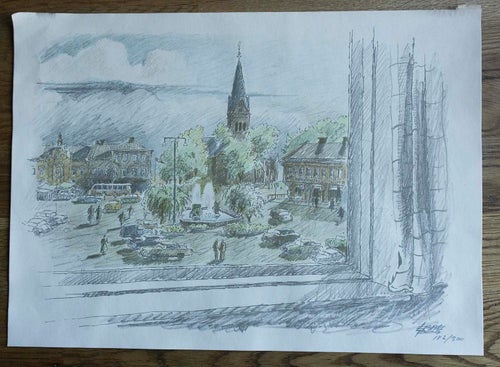 2 färglitografier med Skövdemotiv av Ebbe Fog 1911-1970, från slutet av 50-talet
