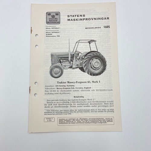 Traktor Massey-Ferguson 65 Mark 1 - Meddelande 1605 - Statens Maskinprovningar