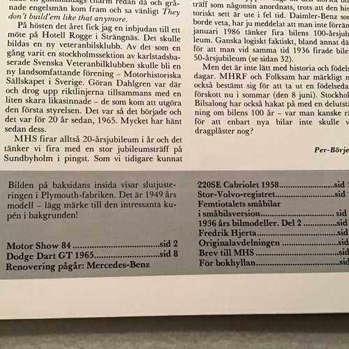 MOTORHISTORISKT MAGASIN NR 1 1985 DODGE DART GT 65,FREDRIK HJERTA TIDAHOLM