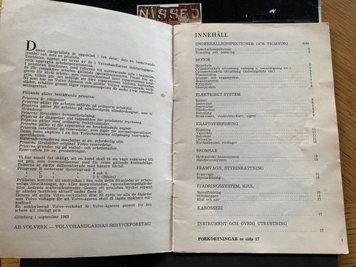 Volvo Amazon prislista och häfte med reservdelar sprängskisser . 1965